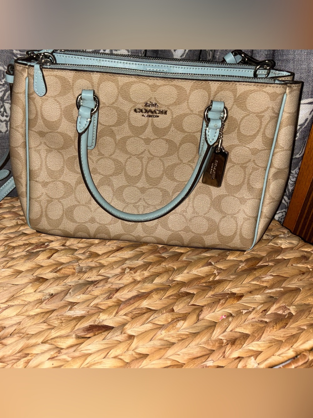 Coach Beige Signature Satchel with Light Blue Trim